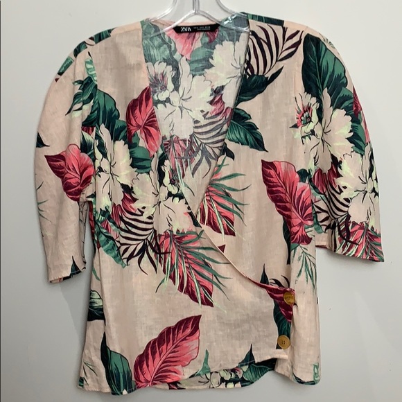 [SOLD] Zara tropical floral puff shoulder cross front top - Picture 2 of 6